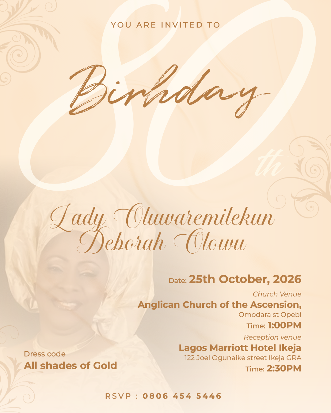 Lady Oluwaremilekun Deborah Olowu 80th Birthday invitation flyer